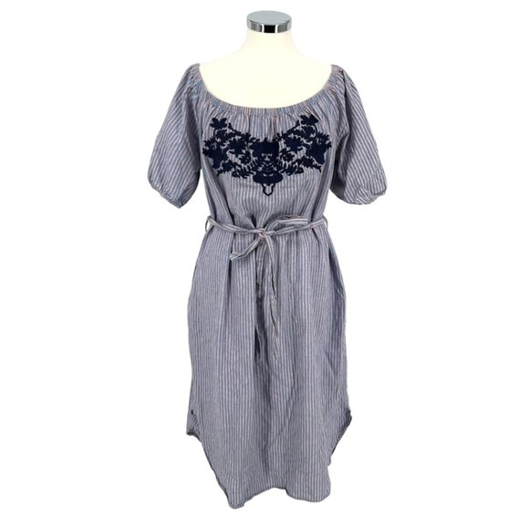 THML Embroidered Striped Tie Waist Scoop Off Shoulder Midi Dress Blue Size 2X - Picture 1 of 16